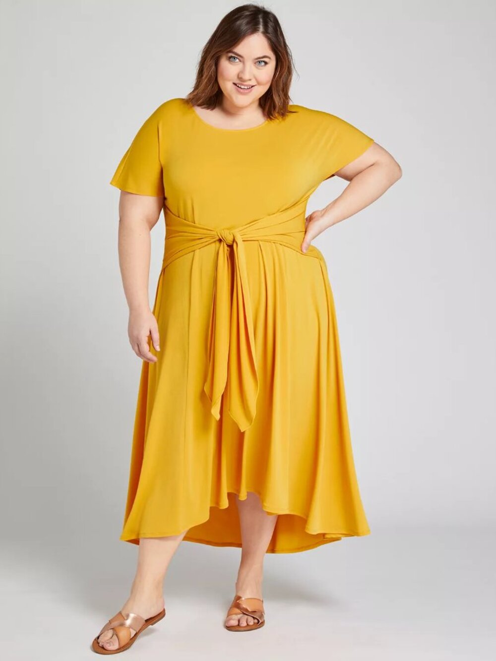 Lane Bryant Yellow/Gold Tie-Waist Midi Dress